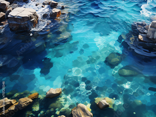 Clear turquoise blue water between rocks, tropical bay with cave