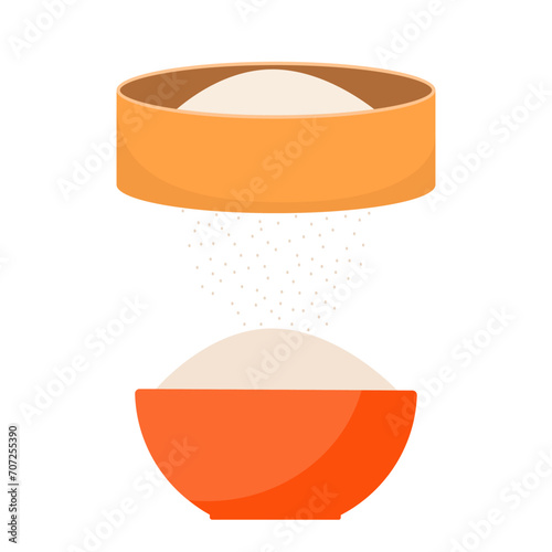 Flour sifter, package of, bowl set. Baking Ingredients. Healthy organic food. Cartoon vector. Dough cooking. Organic product illustration. Kitchen utensils.