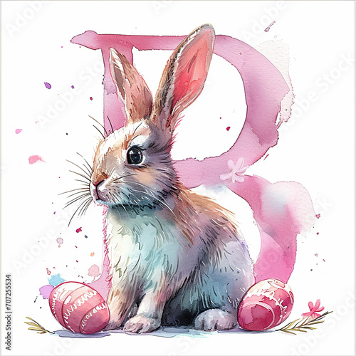 Pink letter B watercolor of a rabbit with colored easter eggs
