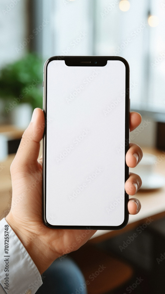 Woman holding smartphone with blank screen in cafe, closeup. Mockup Woman holding smartphone with blank screen in cafe, closeup. Mockup