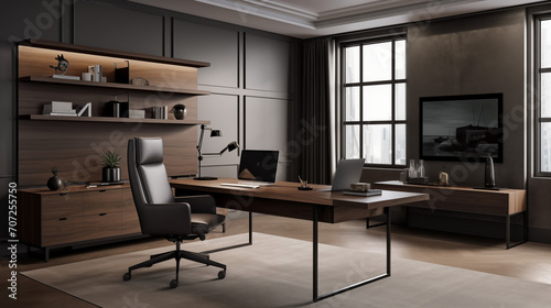 Contemporary Office with Dark Furniture and Natural Light