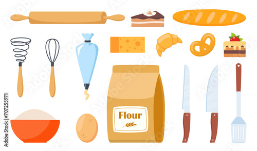 Pastry making equipment and ingredients. Baking tools set. Delicious baking. Vector illustration.