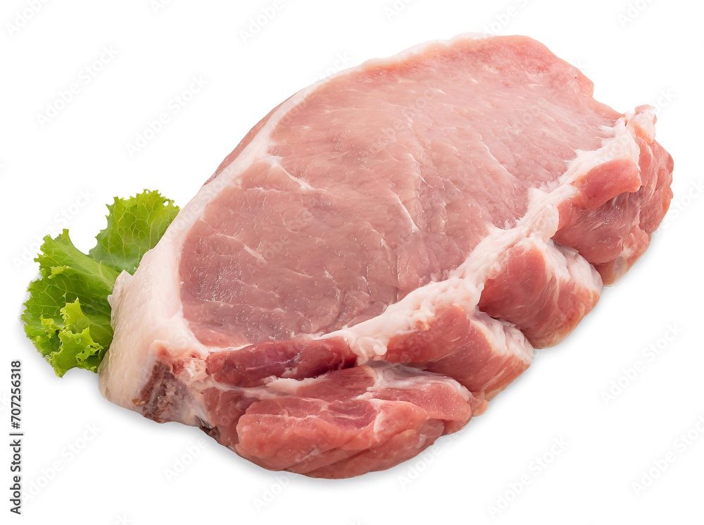 Fresh pork fillet with lettuce isolated on white background close-up Fresh pork fillet with lettuce isolated on white background close-up