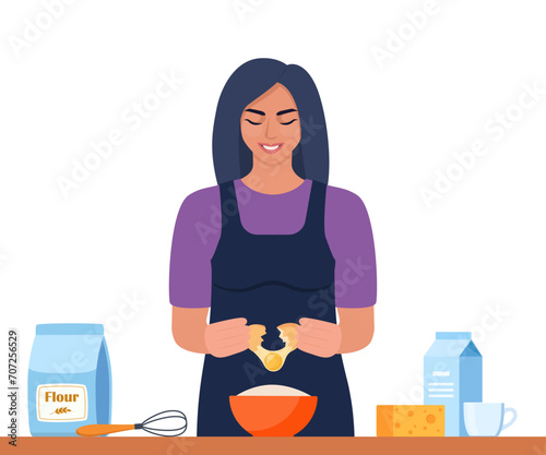 Kitchen cooking. Woman cooks an omelet for breakfast. Smiling girl in the kitchen. Flat vector illustration.