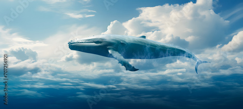 Humpback whale floating in the blue sky with clouds. Fantasy background. 3d rendering © Iwankrwn