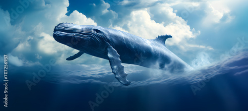 Humpback whale floating in the blue sky with clouds. Fantasy background. 3d rendering