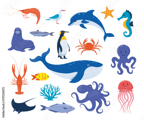 Sea animals big set. Cute flat style sea creature characters. Penguin  whale  seal  seahorse  dolphin  octopus  jellyfish  starfish  gull. Vector illustration.