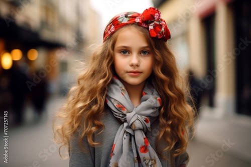 Portrait of a cute little girl with long curly hair in a scarf on the street.