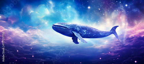 Humpback whale in deep space. Fantasy cosmic background. blue whale swimming in the night sky with clouds. Vector illustration.