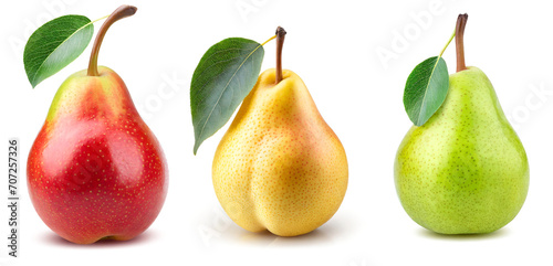 Set of yellow red green pears isolated on white background close up