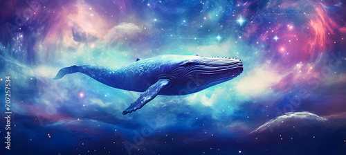 Humpback whale in deep space. Fantasy cosmic background. blue whale swimming in the night sky with clouds. Vector illustration.