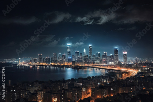 Cityscape aglow. A stunning night skyline, capturing the vibrant lights and urban charm. Ideal for city-themed and nocturnal visuals. © Amila Vector