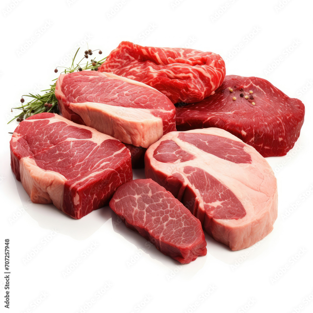 Pile of Raw Meat on White Table, Fresh, Uncooked Cuts Ready for Preparation
