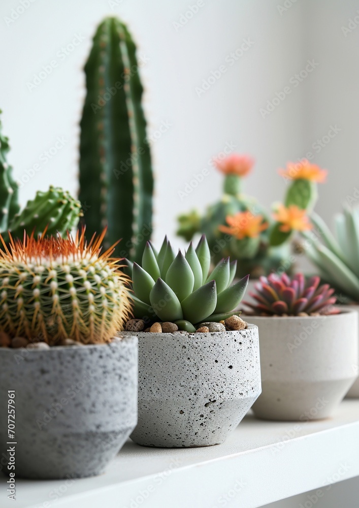Row of little succulent plants in modern geometric concrete planters isolated on white background, with copy space. Row of little succulent plants in modern geometric concrete planters isolated on white background, with copy space.