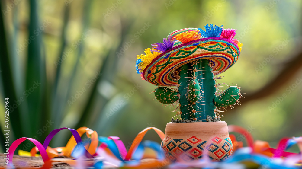 Cactus in sombrero hat over party ribbons background outdoor with copy space. Cactus in sombrero hat over party ribbons background outdoor with copy space.