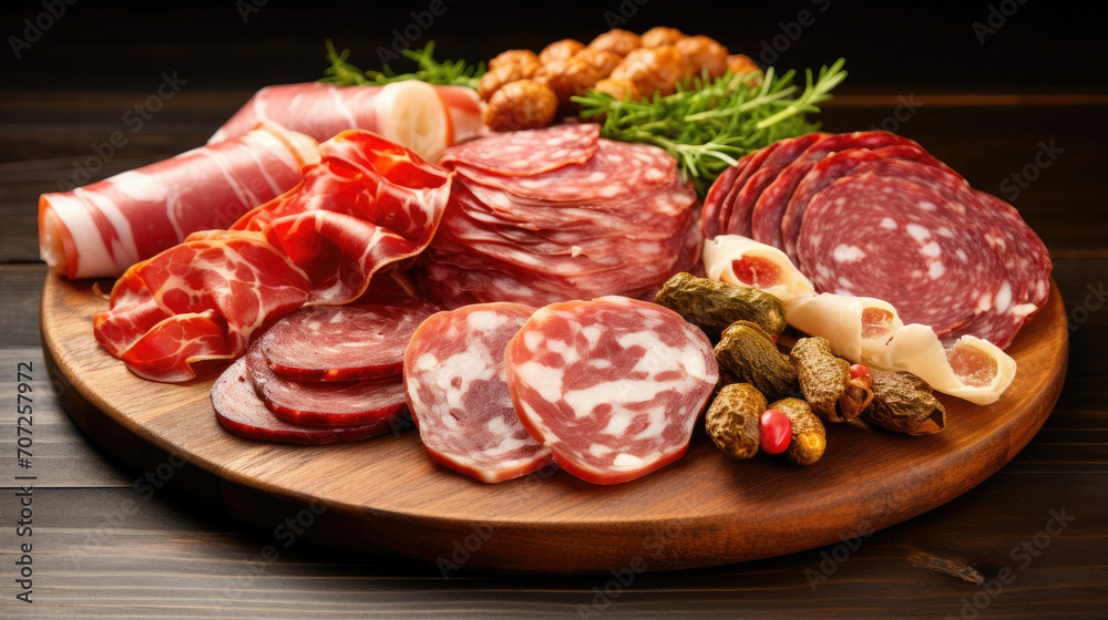 Assorted Meats and Cheeses on a Wooden Plate