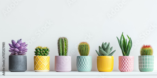 Row of little succulent plants in modern geometric concrete planters isolated on white background, with copy space. photo