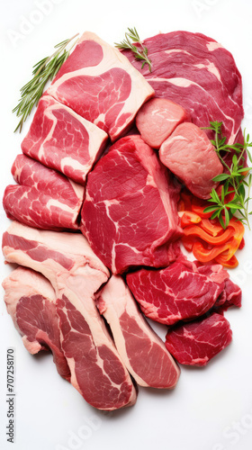 Assorted Raw Meat and Vegetables on White Background