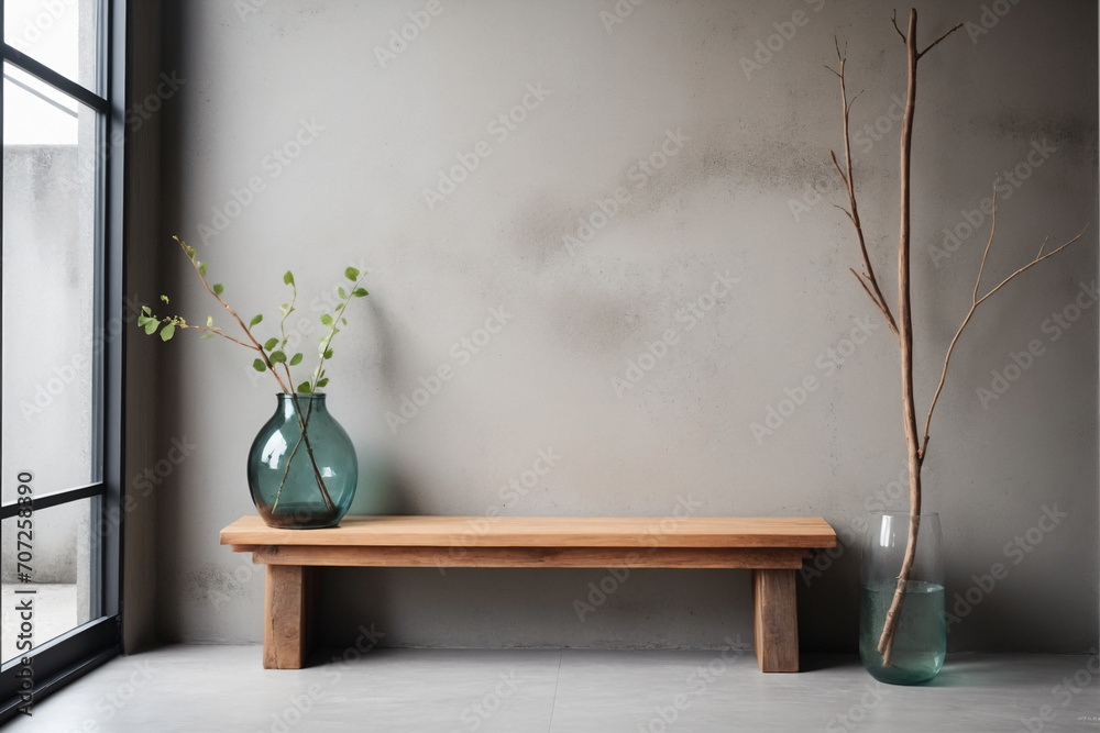 Solid wood rustic bench and glass vase with branch against grunge concrete wall. Loft interior design of modern home entryway Solid wood rustic bench and glass vase with branch against grunge concrete wall. Loft interior design of modern home entryway