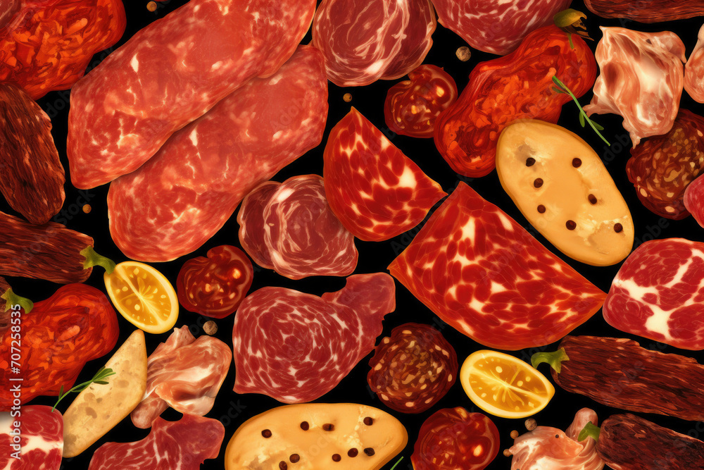 Assorted Meats Displayed on Table, A Varied Selection of Delicious Meat Options Assorted Meats Displayed on Table, A Varied Selection of Delicious Meat Options