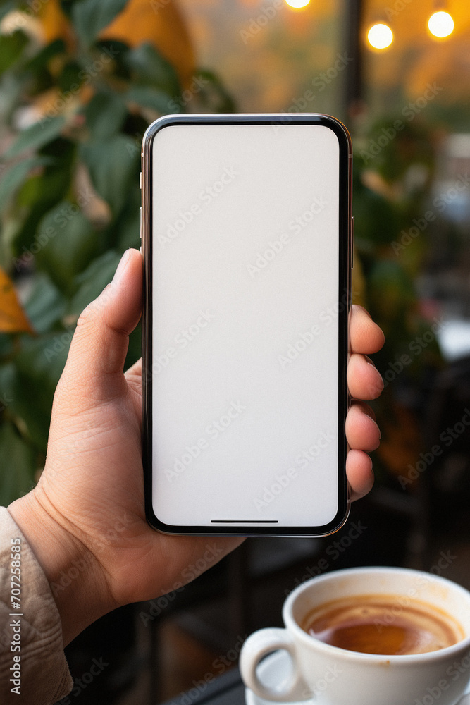 Mockup of a hand holding smartphone with blank white screen in cafe