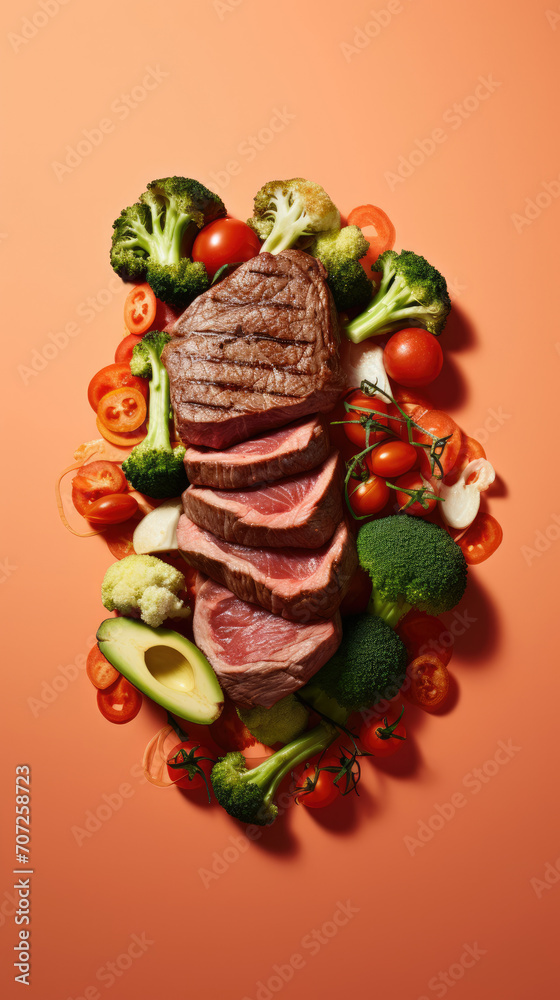 Pile of Meat Surrounded by Vegetables and Fruits