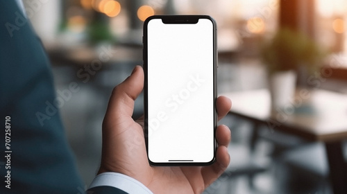 Male hand holding phone with isolated screen on blurred background. mock up