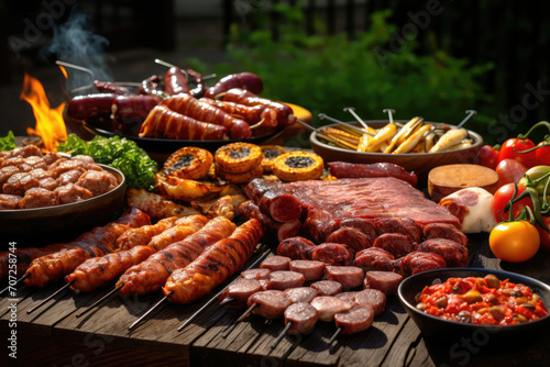 Assorted Food Spread on Wood Table, Delicious Variety of Cuisines and Flavors