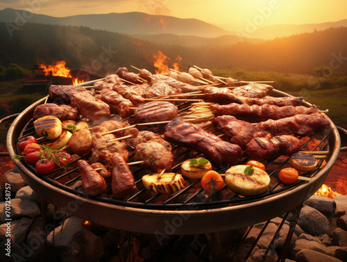 BBQ Grill With Assorted Meat and Vegetables Cooked to Perfection