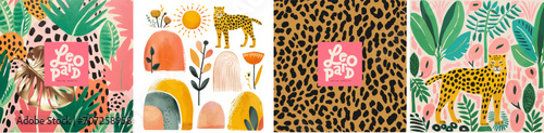 Leopard, print and tropical plants. Doodles. Vector cute trendy illustration of spotted leopard pattern, texture or fur, palm leaf, jungle, sun, animal for background, label or card