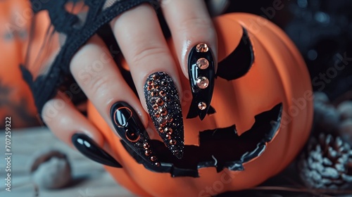 Close up of woman's manicure with Halloween nail art on the background of jack lantern pumpkin.