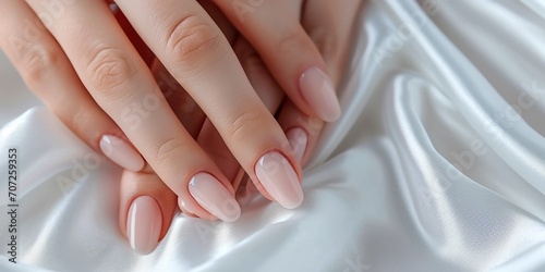 Woman s hands with beautiful cream beige fingernails  professional manicure on hands on white silky background with copy space.