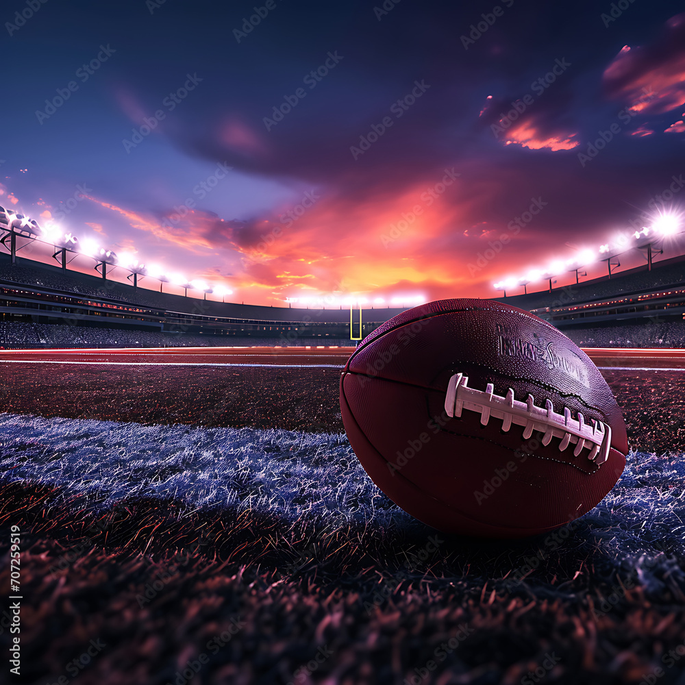 a-ball-on-football-field-with-football-stadium-with-sunset-sky-as