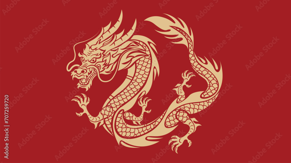 Golden dragon with red background, Chinese auspicious symbol.
