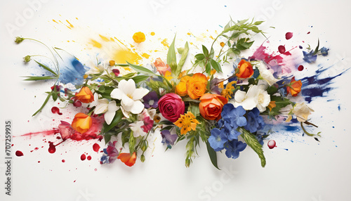 Arrange a burst of flowers surrounded by leaves  creating the illusion of a floral bouquet exploding with color and energy against a pristine white background
