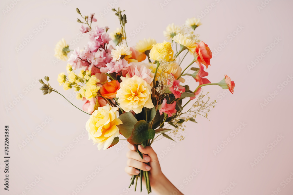 Female hand holds beautiful colorful bouquet Female hand holds beautiful colorful bouquet