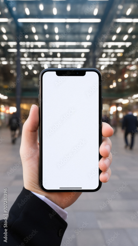 Mockup of a smartphone with a white screen in a man's hand .