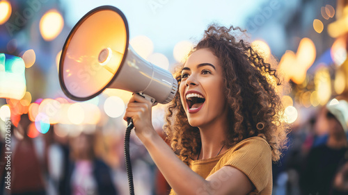 Megaphone equality or happy women rights protest for global change gender with curly black hair woman fight for support city speech on human by social justice warrior and sunset background. photo