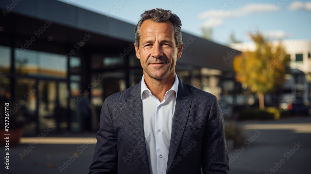 Portrait of successful business man owner in suit standing in front of modern office. Portrait of successful business man owner in suit standing in front of modern office.