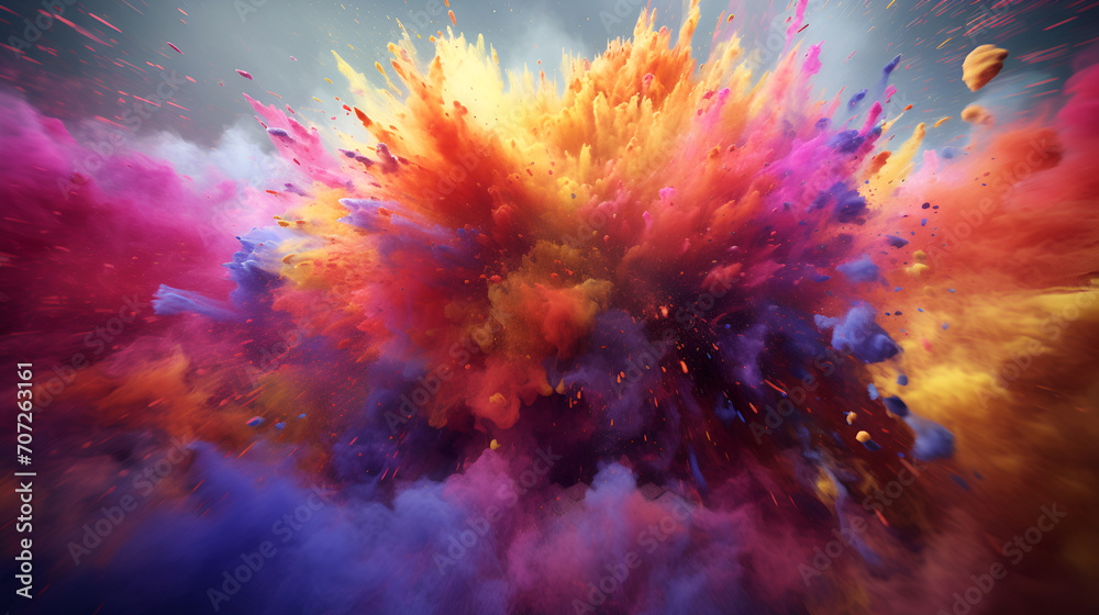 A dynamic explosion of Holi colors signifies the joy of the festival. A dynamic explosion of Holi colors signifies the joy of the festival.