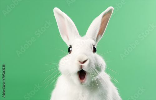 Happy Easter greeting card - White Easter bunny rabbit who looks amazed or scared  mouth opened  isolated on green background