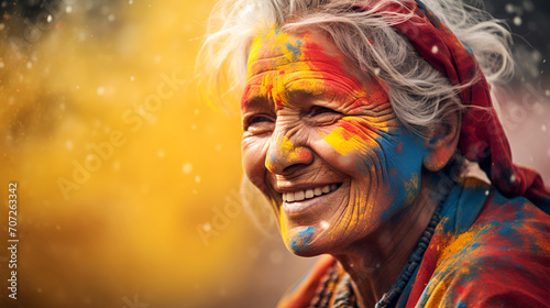 A joyous elderly woman in traditional attire, smiling brightly with Holi festival colors adorning her face
