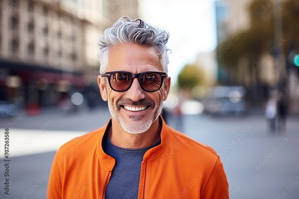Portrait of a handsome middle-aged man with grey hair wearing sunglasses in the city Portrait of a handsome middle-aged man with grey hair wearing sunglasses in the city