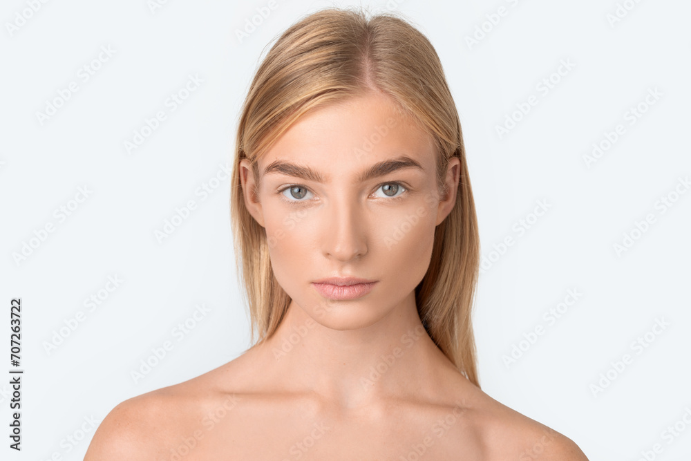 blonde woman with beautiful skin posing shirtless over white wall blonde woman with beautiful skin posing shirtless over white wall