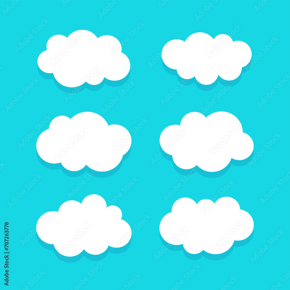 White Cartoon Clouds With Shadow On Blue Sky Background Vector Illustration Set
