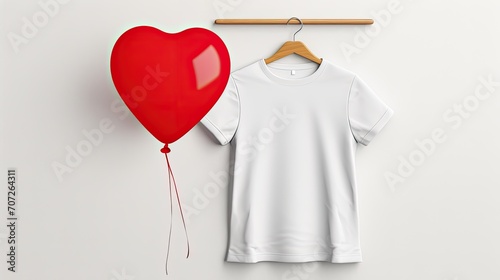 a plain, bright red, thick crewneck, cotton short sleeve t-shirt mockup, on a hanger against a white wall, a white color heart balloon.