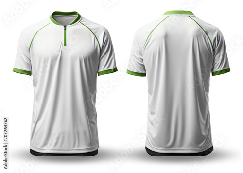 Plain white jersey t-shirt template mockup with green stripes pattern, front and back view, isolated on transparent background, generative ai photo