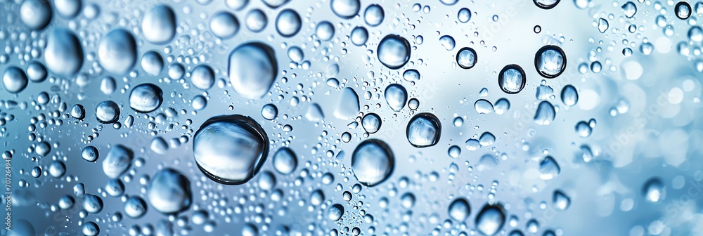 Water drops on glass, blue background.