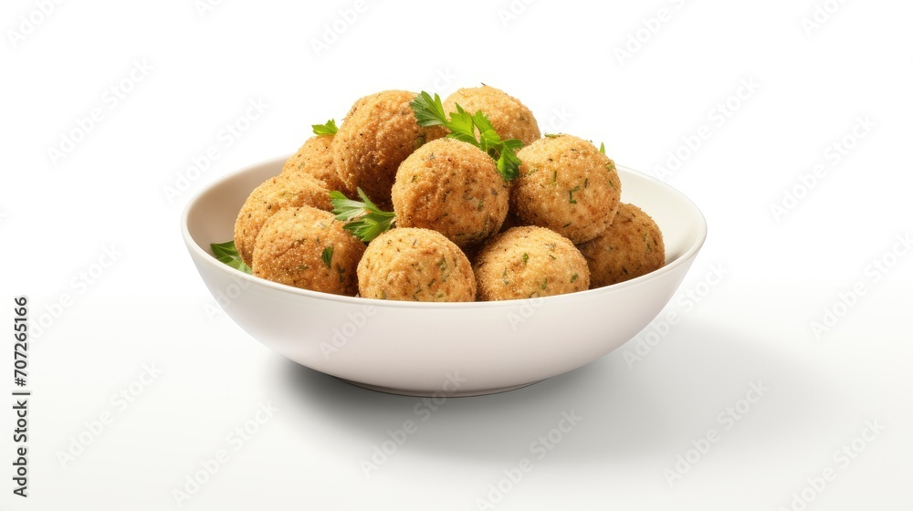 fried organic falafel balls isolated on a white background, a composition or scene in a minimalist modern style, highlighting the textures and flavors of the halafel. fried organic falafel balls isolated on a white background, a composition or scene in a minimalist modern style, highlighting the textures and flavors of the halafel.
