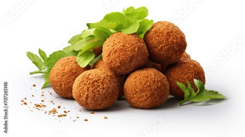 fried organic falafel balls isolated on a white background, a composition or scene in a minimalist modern style, highlighting the textures and flavors of the halafel. photo